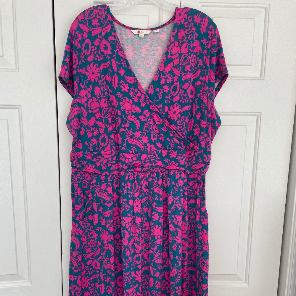 Boden Dress, US 20/22 Long, Hot Pink and Blue V-Neck Cap Sleeves